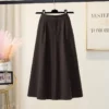 High Waist A-Line Midi Skirt Winter Solid Button Slimming