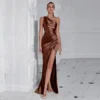 One Shoulder Backless Ruched Slim Fit Slit Midi Evening Party Dress