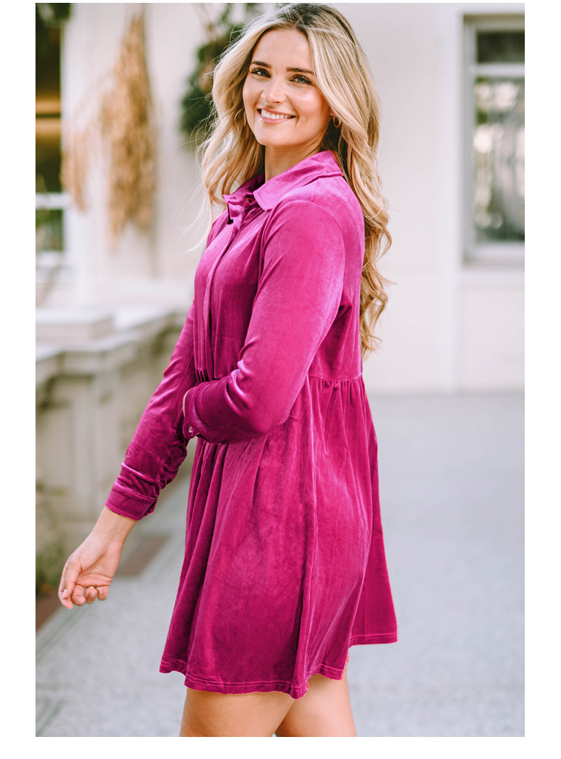 Womens Elegant Velvet Shirt Collar Long Sleeve High Waist Mini Dress