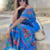 Off Shoulder Floral Digital Print Maxi Flared Plus Size Dress