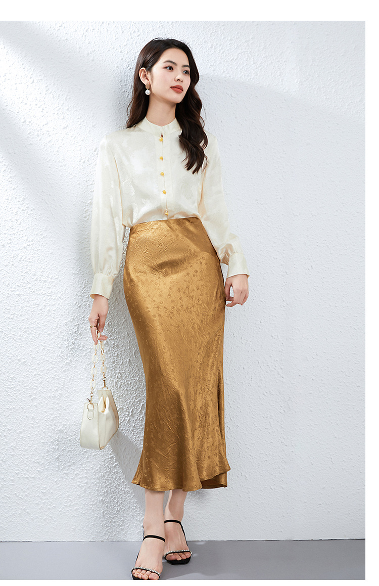 Gold Jacquard Acetate Mermaid Long Skirt High Waist Silky Bodycon Lady