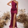 One Shoulder Backless Ruched Slim Fit Slit Midi Evening Party Dress
