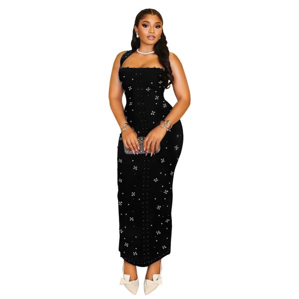 Halter Sleeveless Rhinestone Beaded Bodycon Maxi Dress