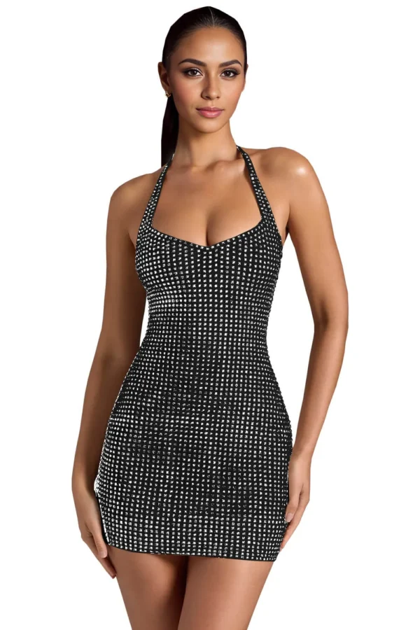 Halter Neck Rhinestone Bodycon Mini Dress Elegant High Waist