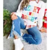 Womens Casual Loose Crew Neck Sweatshirt Colorful Letter Applique Contrast Long Sleeve