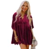 Womens Velvet Solid Loose Midi 3/4 Sleeve Lapel Single-Breasted Shirt