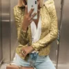 Spring Womens Sequin Block Stand Collar Short Slim Zip Casual Jacket