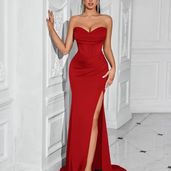 Solid Bandeau Backless High Waisted Swing Long Evening Dress Elegant