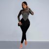 Womens Elegant Office Tulle Jumpsuit Rhinestone Long Sleeve Pants Black Apricot