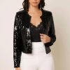 Spring Womens Sequin Block Stand Collar Short Slim Zip Casual Jacket