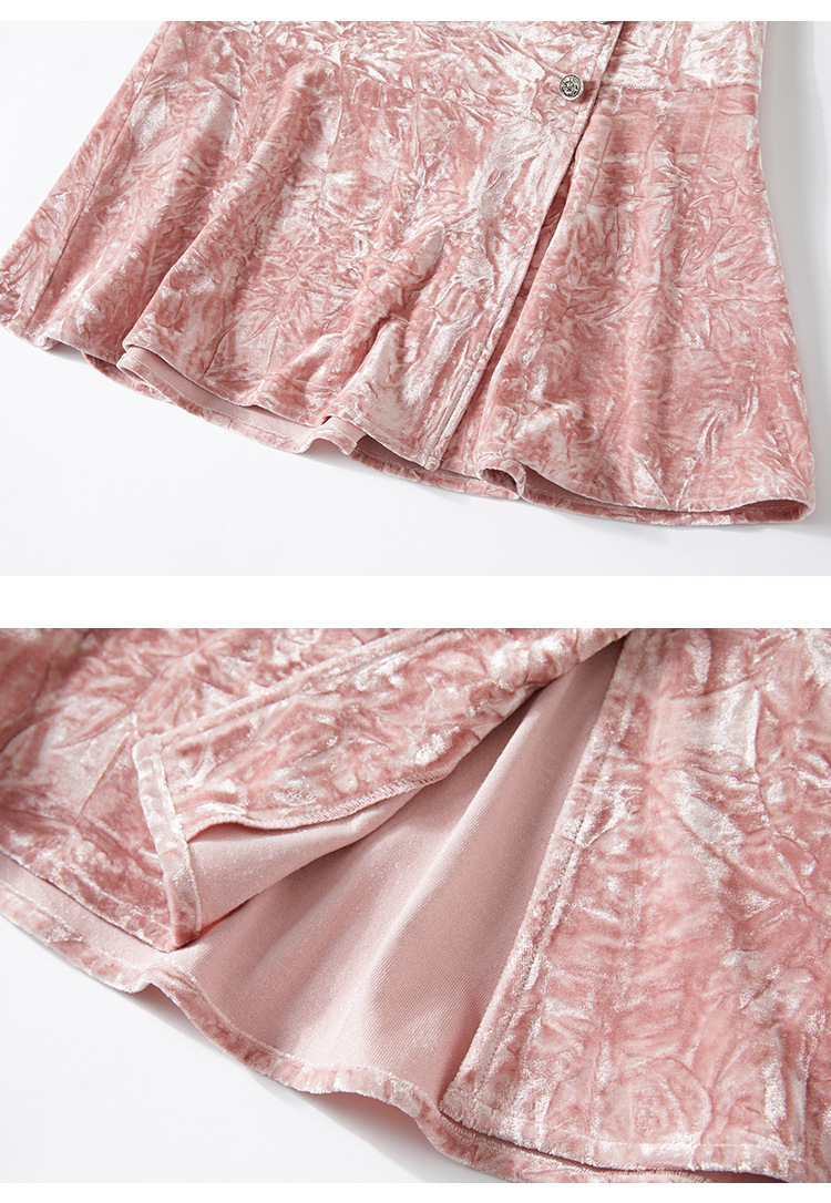 Pink Crushed Velvet High-Waisted Midi Bodycon Skirt Button Office Petite