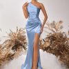 One Shoulder Backless Ruched Slim Fit Slit Midi Evening Party Dress