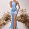 One Shoulder Backless Ruched Slim Fit Slit Midi Evening Party Dress