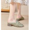 Womens Summer Top-Grain Leather Mules Closed Toe Chunky Heel Hollow Out Breathable
