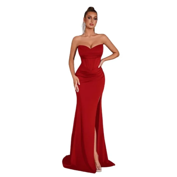 Solid Bandeau Backless High Waisted Swing Long Evening Dress Elegant