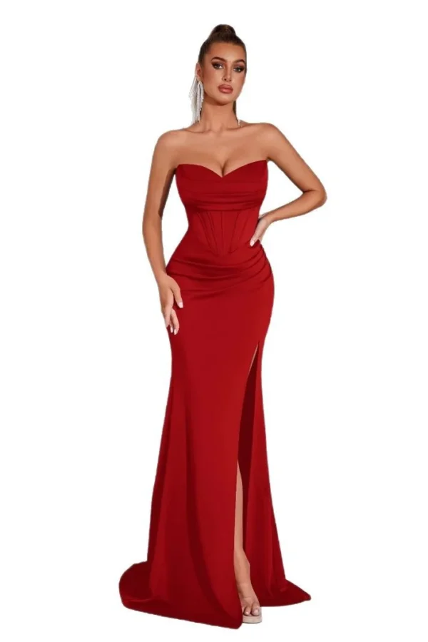 Solid Bandeau Backless High Waisted Swing Long Evening Dress Elegant