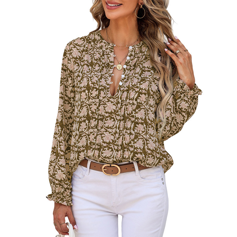 Womens Floral Print V-Neck Long Sleeve Slim Office Blouse