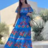 Off Shoulder Floral Digital Print Maxi Flared Plus Size Dress