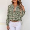 Womens Floral Print V-Neck Long Sleeve Slim Office Blouse