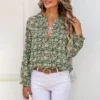 Womens Floral Print V-Neck Long Sleeve Slim Office Blouse