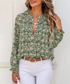 Womens Floral Print V-Neck Long Sleeve Slim Office Blouse