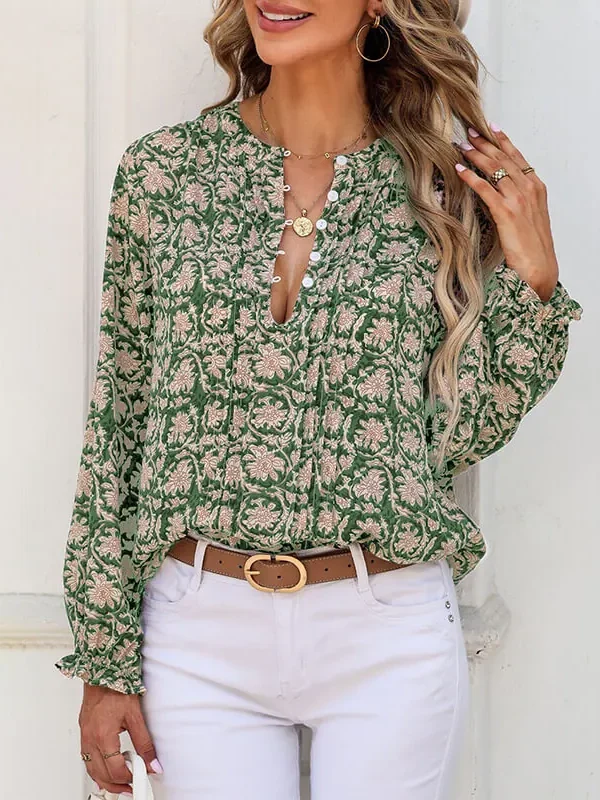 Womens Floral Print V-Neck Long Sleeve Slim Office Blouse