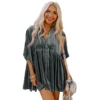 Womens Velvet Solid Loose Midi 3/4 Sleeve Lapel Single-Breasted Shirt