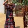Off Shoulder Floral Digital Print Maxi Flared Plus Size Dress