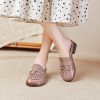 Womens Summer Top-Grain Leather Mules Closed Toe Chunky Heel Hollow Out Breathable