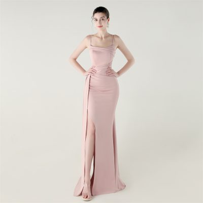Satin Spaghetti Strap Slim Fit Mermaid Evening Dress High Slit Summer Party