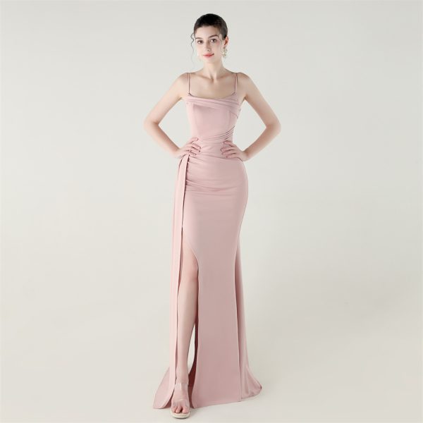 Satin Spaghetti Strap Slim Fit Mermaid Evening Dress High Slit Summer Party