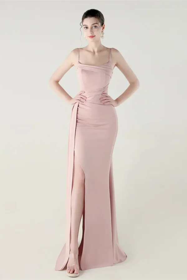 Satin Spaghetti Strap Slim Fit Mermaid Evening Dress High Slit Summer Party
