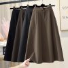 High Waist A-Line Midi Skirt Winter Solid Button Slimming