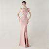 One-Shoulder Satin Pleated Slim-Fit Mermaid Evening Dress High Slit Party Wedding