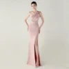 One-Shoulder Satin Pleated Slim-Fit Mermaid Evening Dress High Slit Party Wedding