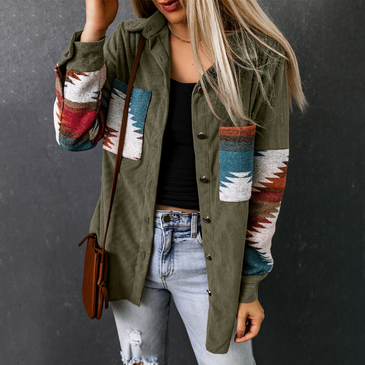 Womens Street Style Western Print Corduroy Loose Mid-Long Shirt Jacket