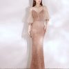 Womens Sequin Corduroy Off-Shoulder Half-Sleeve Long Fitted Mermaid Evening Dress