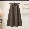 High Waist A-Line Midi Skirt Winter Solid Button Slimming