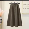 High Waist A-Line Midi Skirt Winter Solid Button Slimming