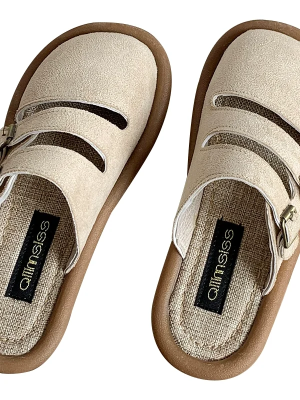 Women Sandals Toe-Covered Slides Hollow Out Belt Buckle Suede Flat Rubber Sole