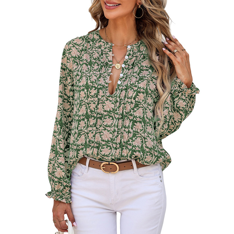 Womens Floral Print V-Neck Long Sleeve Slim Office Blouse