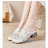 Womens Summer Top-Grain Leather Mules Closed Toe Chunky Heel Hollow Out Breathable