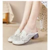 Womens Summer Top-Grain Leather Mules Closed Toe Chunky Heel Hollow Out Breathable