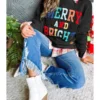 Womens Casual Loose Crew Neck Sweatshirt Colorful Letter Applique Contrast Long Sleeve