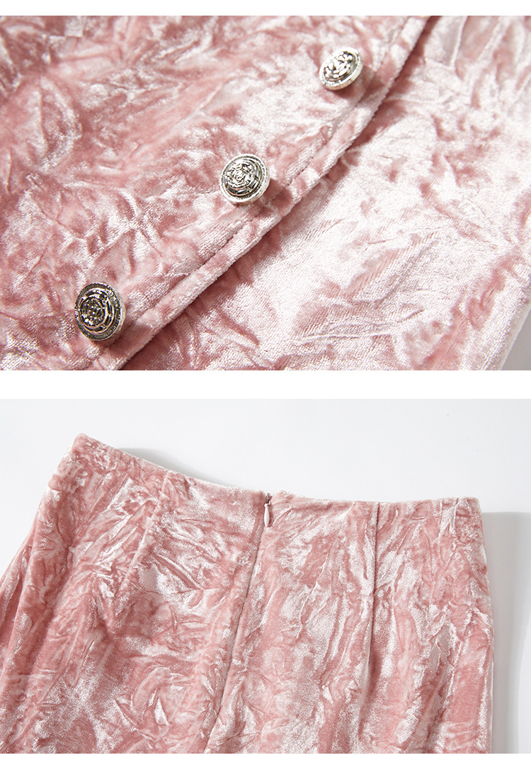 Pink Crushed Velvet High-Waisted Midi Bodycon Skirt Button Office Petite