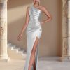One Shoulder Backless Ruched Slim Fit Slit Midi Evening Party Dress