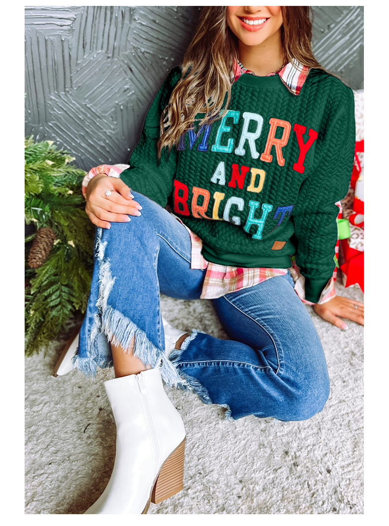 Womens Casual Loose Crew Neck Sweatshirt Colorful Letter Applique Contrast Long Sleeve