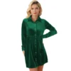 Womens Elegant Velvet Shirt Collar Long Sleeve High Waist Mini Dress