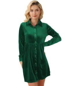 Womens Elegant Velvet Shirt Collar Long Sleeve High Waist Mini Dress