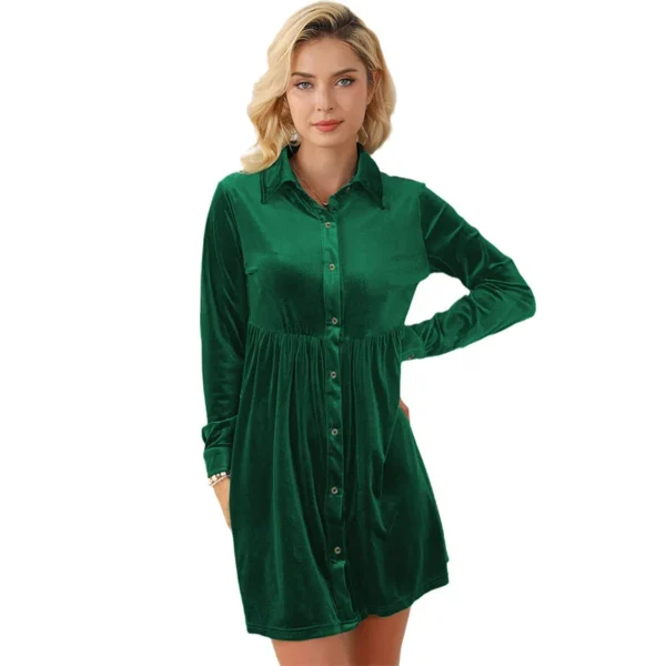 Womens Elegant Velvet Shirt Collar Long Sleeve High Waist Mini Dress